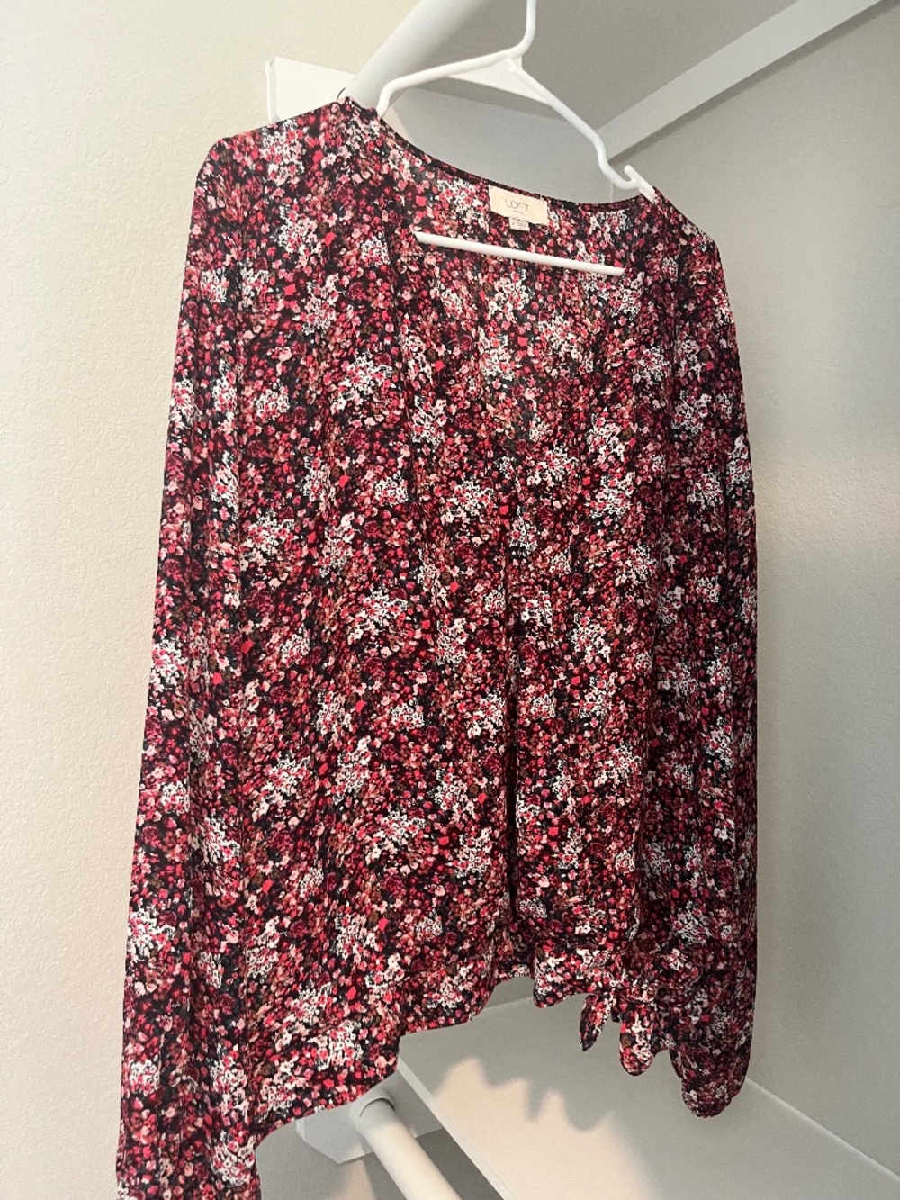 LOFT Pink/Red floral print shirt with bow tie detail
